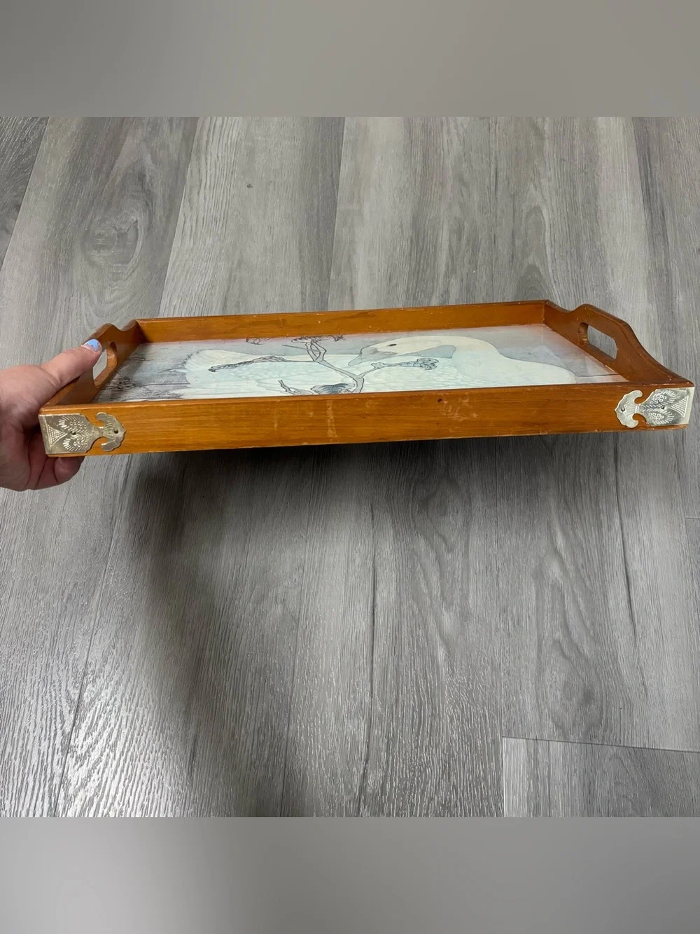 Vintage Cottage Core Farmhouse Wooden Swan Food Tray with Brass Handle Corners